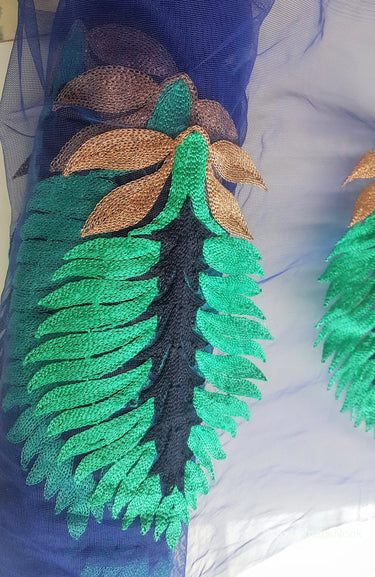 Wholesale Blue Soft Net Lace Trim With Blue, Green And Gold Embroidered Leaves, Indian Trims